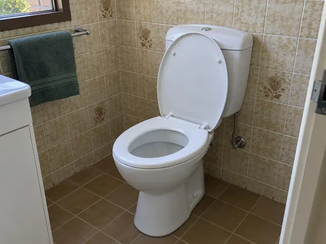 Clean white toilet in a tiled bathroom with towel rail and window in Baulkham Hills