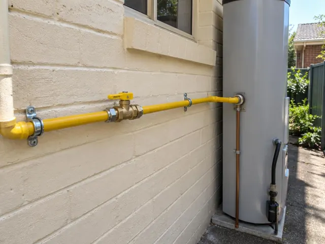 Yellow gas pipe and new fittings on a brick exterior wall beside a water heater in Bella Vista